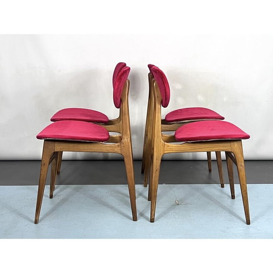 Image 1 of Satz von 4 Mid-Century-Stühlen aus rotem Samt und Holz, Italien 1950er Jahre
