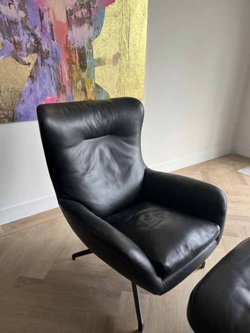 Minotti Jensen Bergere Stuhl und Fußhocker Leder Nero