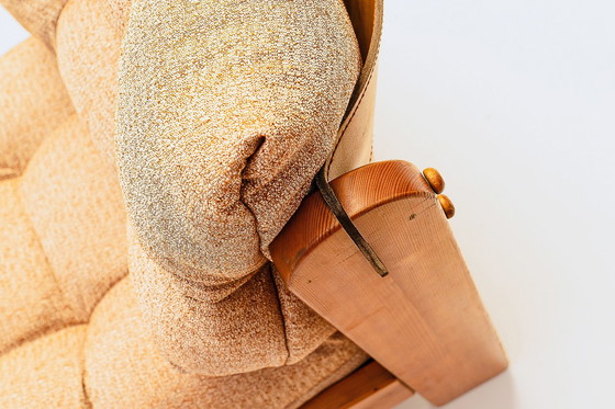 Image 1 of Niedriger Stuhl aus Kiefernholz mit bronzefarbenem Stoffbezug