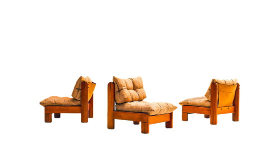 Image 1 of Niedriger Stuhl aus Kiefernholz mit bronzefarbenem Stoffbezug