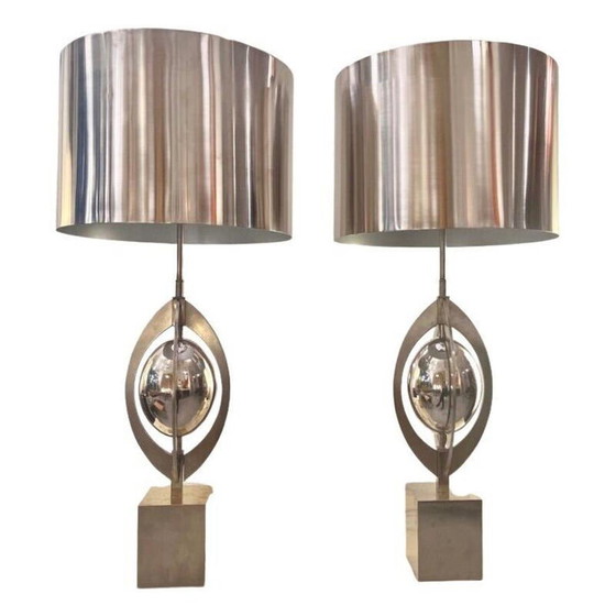 Image 1 of Paar Vintage-Tischlampen "Ogive" aus gebürstetem Stahl für Maison Charles, Frankreich 1970