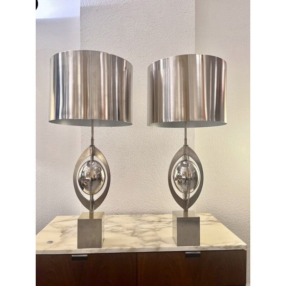 Image 1 of Paar Vintage-Tischlampen "Ogive" aus gebürstetem Stahl für Maison Charles, Frankreich 1970