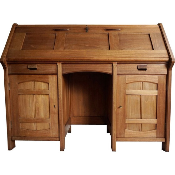 Image 1 of Vintage-Sekretär aus massivem Mahagoni und schwarzem Leder, 1900er Jahre