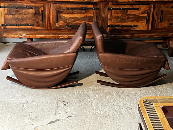 Image 1 of Paar Sede Schaukelstühle, Schweiz 1970 Aus Braunem Leder