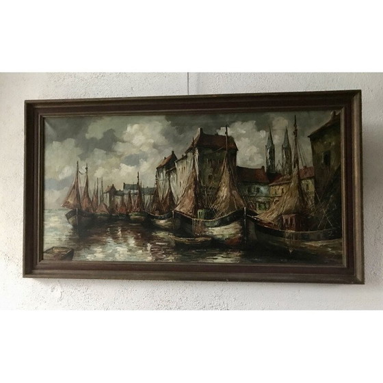 Image 1 of Vintage Öl auf Leinwand "Ansicht des Hafens" von C.R. Ronveaux, 1940