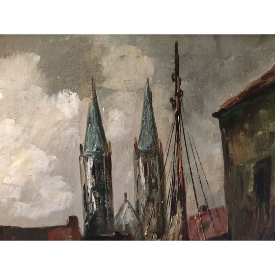 Image 1 of Vintage Öl auf Leinwand "Ansicht des Hafens" von C.R. Ronveaux, 1940