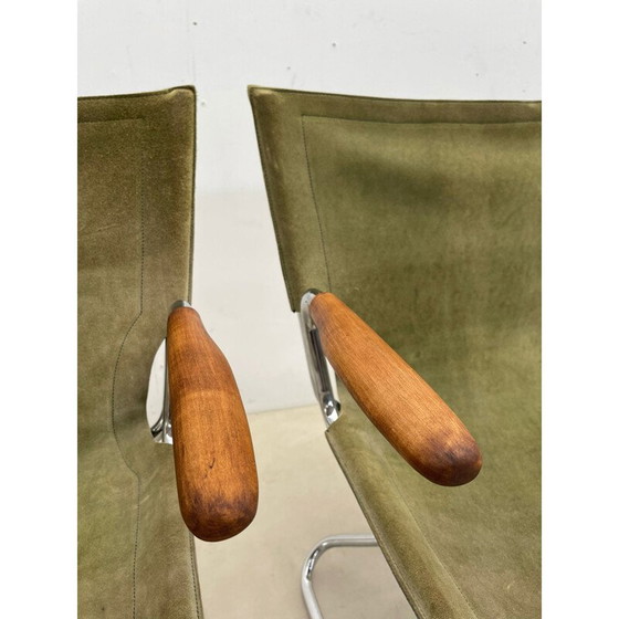 Image 1 of Satz von 4 Klappsesseln aus Holz und grünem Leinen aus der Mitte des Jahrhunderts