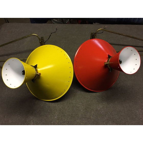 Image 1 of Paar alte "Diabolo"-Leuchten aus glänzend vergoldetem Messing von René Mathieu, 1950