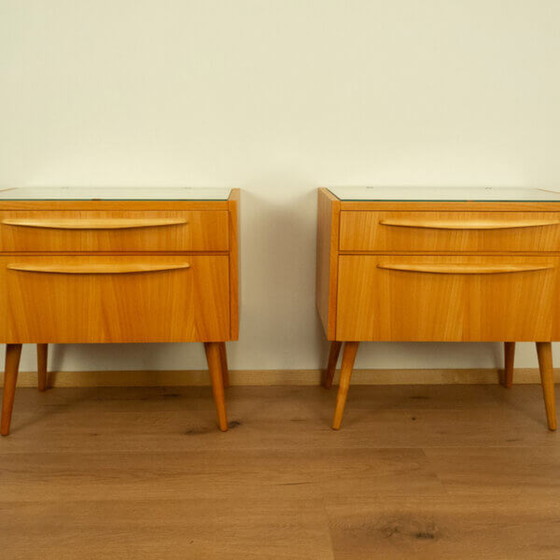 Image 1 of 2x 1960s Bedside Tables: Softwood with Glass Top