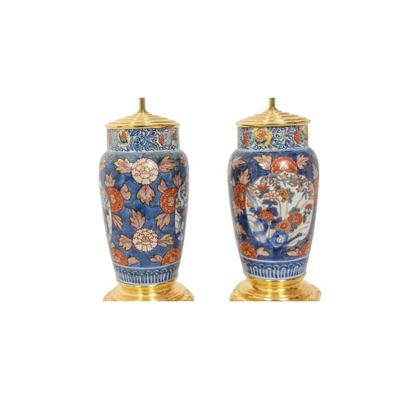 Image 1 of Paar alte Lampen aus Imari-Porzellan und vergoldeter Bronze mit Blumendekor, Frankreich 1880
