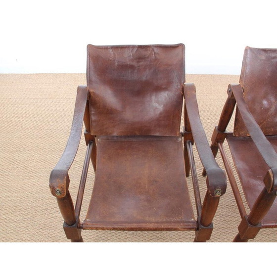 Image 1 of Ein Paar Safari-Stühle aus Leder und Buchenholz - 1940er Jahre