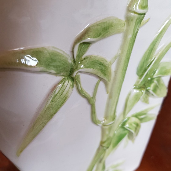 Image 1 of Italienische Mid-Century Majolika Tischlampe mit Bambus