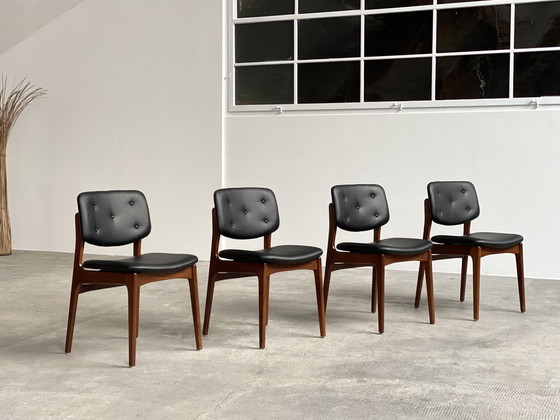 Image 1 of 4x Midcentury Esszimmer Stühle Nussbaum Skai Leder Schwarz