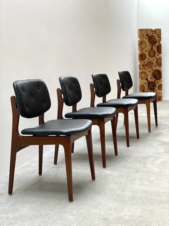 Image 1 of 4x Midcentury Esszimmer Stühle Nussbaum Skai Leder Schwarz