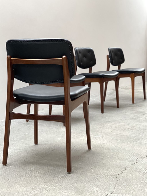 4x Midcentury Esszimmer Stühle Nussbaum Skai Leder Schwarz