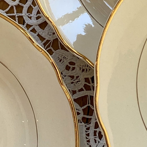 Image 1 of Lot Von 6 Suppenteller Alte Steingut Beige Farbe Und Vergoldung Digoin Sarreguemines