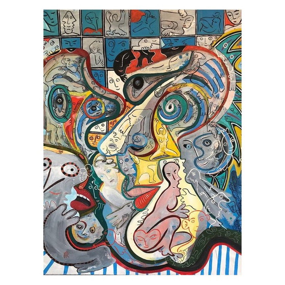 Image 1 of Vintage-Gemälde "Festliche Geburt" mit silbernem Holzrahmen von Alain Rothstein, 1990er Jahre