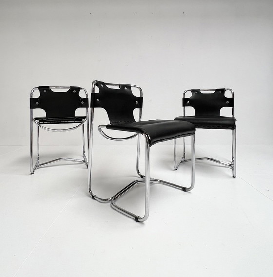 Image 1 of Set schwarzes Leder Midcentury Designer Stühle (4) aus Italien, 1970'S