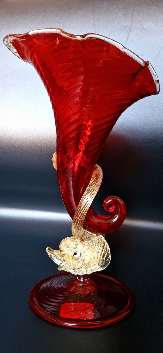 Image 1 of 60er Jahre Muranoglas Füllhorn Vase mit Goldblättern