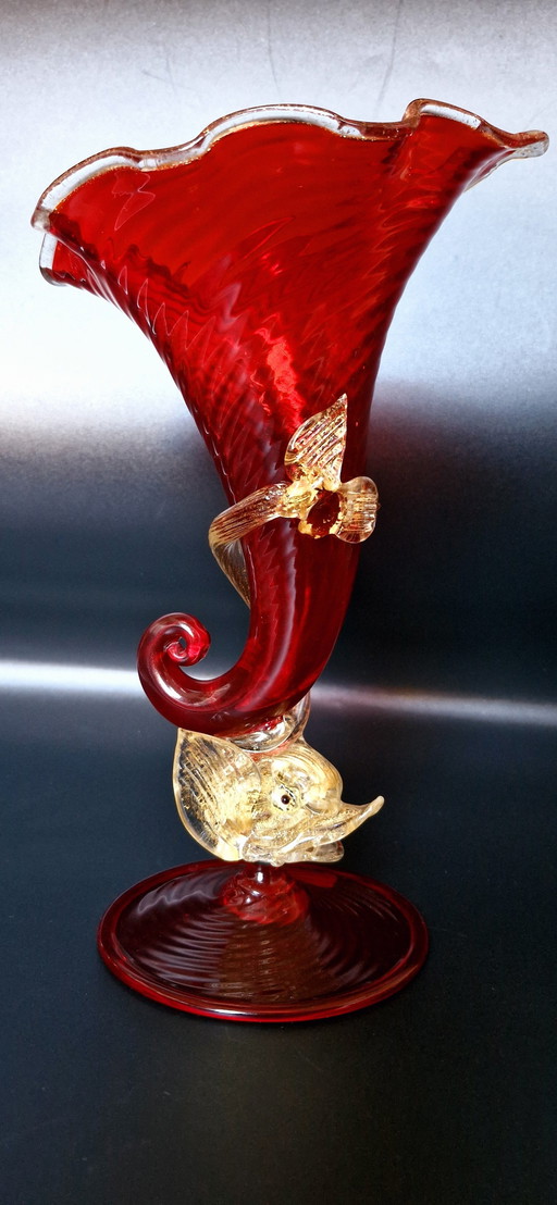 60er Jahre Muranoglas Füllhorn Vase mit Goldblättern