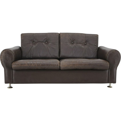 Vintage Dänisch Braunes Leder 2-Sitzer Sofa, 1970er