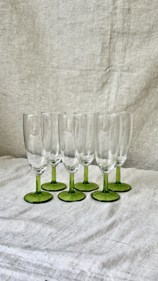6X Vintage Champagnerflöte mit grünem Fuß