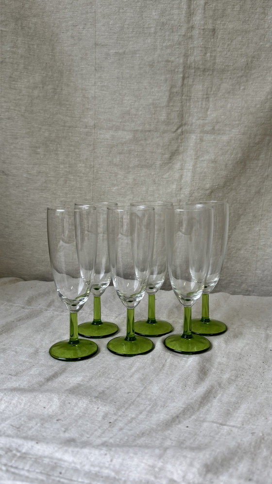 Image 1 of 6X Vintage Champagnerflöte mit grünem Fuß