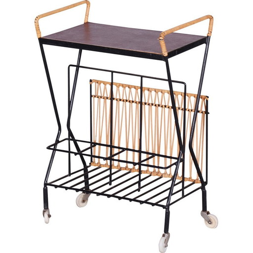 Mid Century Beistelltisch aus Metall und Rattan, 1960er Jahre
