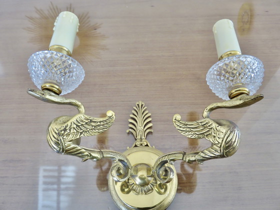 Image 1 of Lucien Gau Appliques, Paris, Frankreich, Modell "Aux Cygnes", Bronze, vergoldet mit Lebendgold und Kristallglas