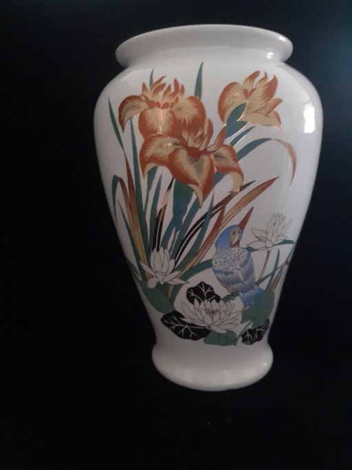 Décor Exclusiv Italienische Vase, Eisvogel im Blumendekor, 20 cm, seltene weiße Edition.