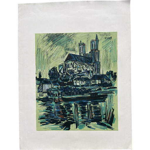 Handsigniertes lithografiertes Poster eines Dorfes von Kischka, 1970