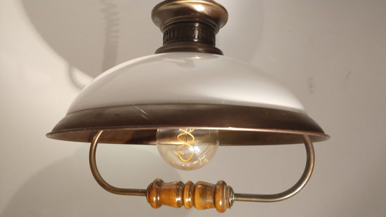 Image 1 of Vintage Hängelampe / Schiffslampe Kupfer Glas Holz