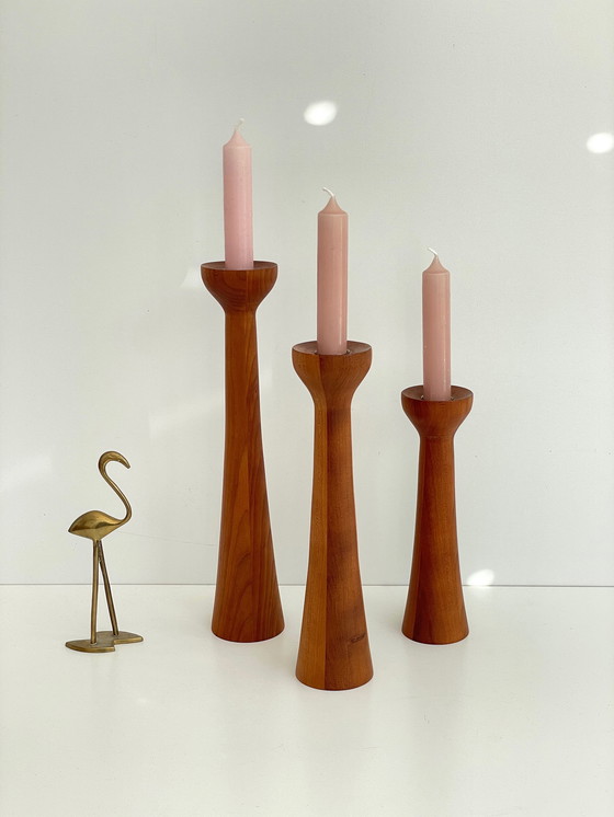 Image 1 of 3x vintage Teakholz-Kerzenständer
