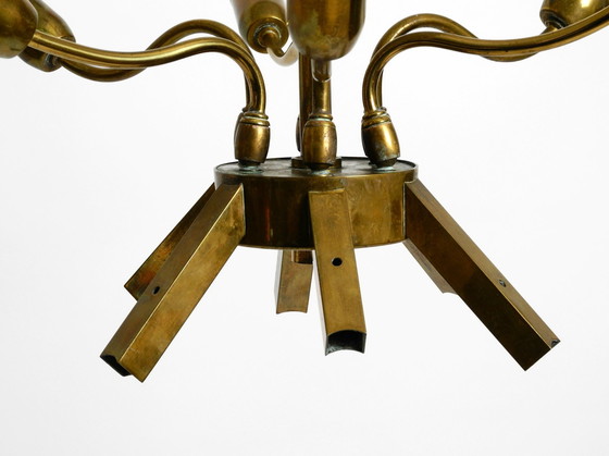 Image 1 of Schöne große 1950S Messing Kronleuchter mit weißen und transparenten Murano-Gläser von Franco Luce | Made in Italy