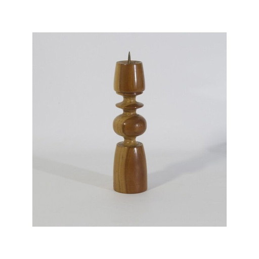 Skandinavischer Vintage-Kerzenhalter aus massivem gedrechseltem Holz und Messing