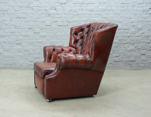 Chesterfield Style Tufted Oxblood Red Leather Lounge Wingchair, England, 1950er Jahre. Ref.: CH218