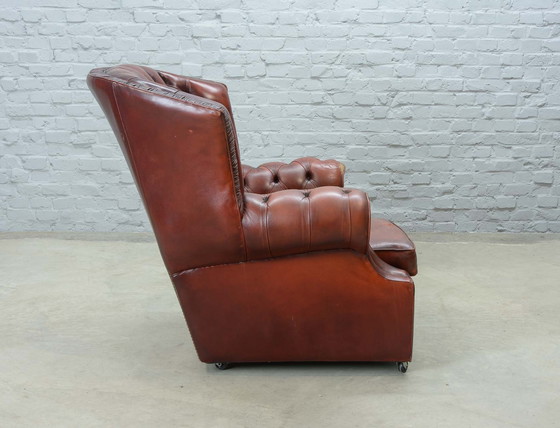 Image 1 of Chesterfield Style Tufted Oxblood Red Leather Lounge Wingchair, England, 1950er Jahre. Ref.: CH218