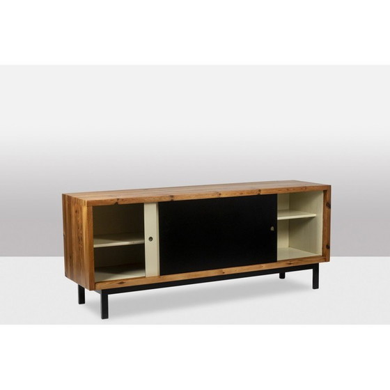 Image 1 of Rechteckiges Sideboard aus massiver Kiefer und schwarz lackiertem Metall, Niederlande 1970