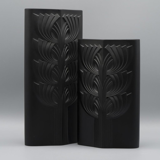 Rosenthal Rosemonde Nairac Porcelaine Noire Op Art Vase Duo Baum des Lebens 33+26Cm