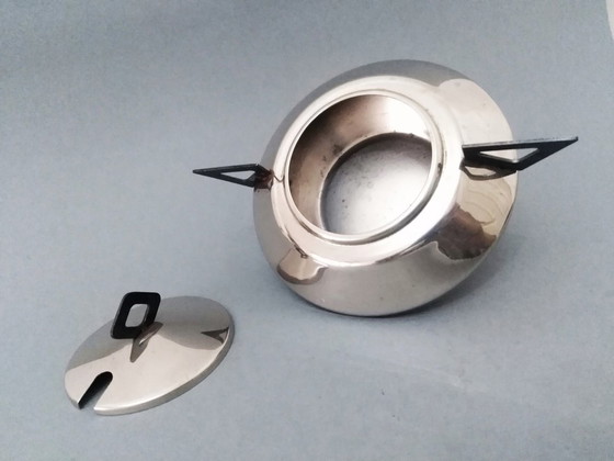 Image 1 of Space-Age/Postmoderne Metall-Zuckerdose mit Deckel auf 4 roten Kugeln auf Beinen 1980S