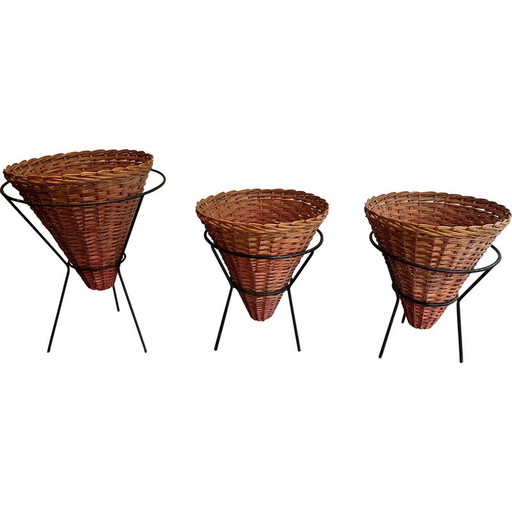 Satz von 3 Vintage-Pflanzgefäßen aus schwarz lackiertem Metall und Rattan, 1950