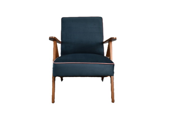 Image 1 of Restaurierter Compas Stuhl, Kanariengelber Stoff, Rosa Faden, Teakholz, 1960