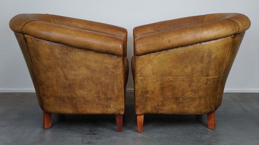 2 x Schafsleder-Clubsessel im Vintage-Look