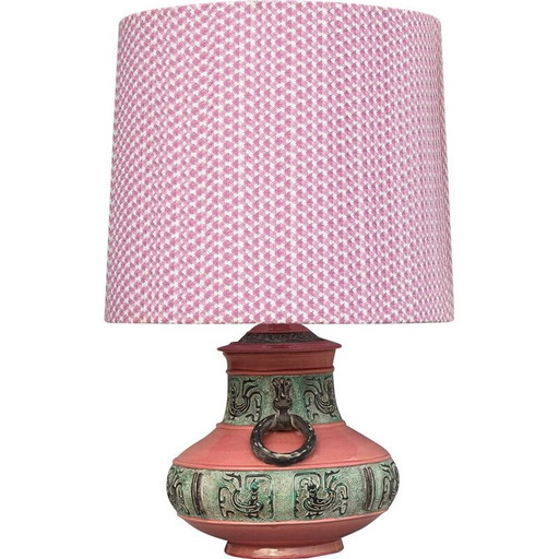 Vintage Majolika Keramik und Textil Tischlampe, Italien 1970er