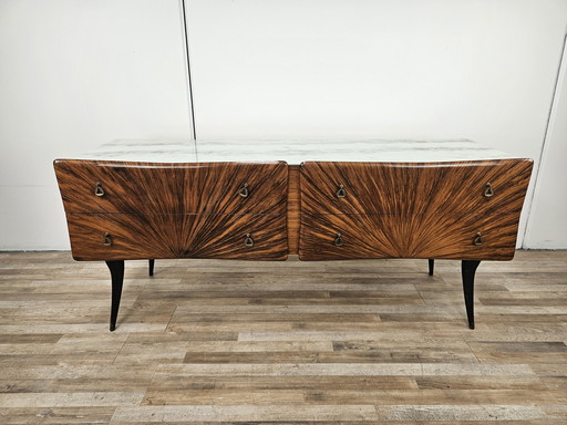 Mid Century Sideboard mit Glasplatte und vier Schubladen