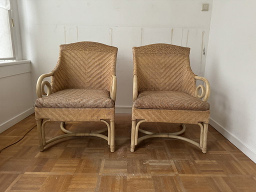 2x Französische Stühle Rattan / Leder / Bambus