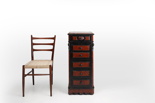 Seltene antike französische Kommode aus Holz, Wurzelholzfurnier und Marmor, ca. 1850