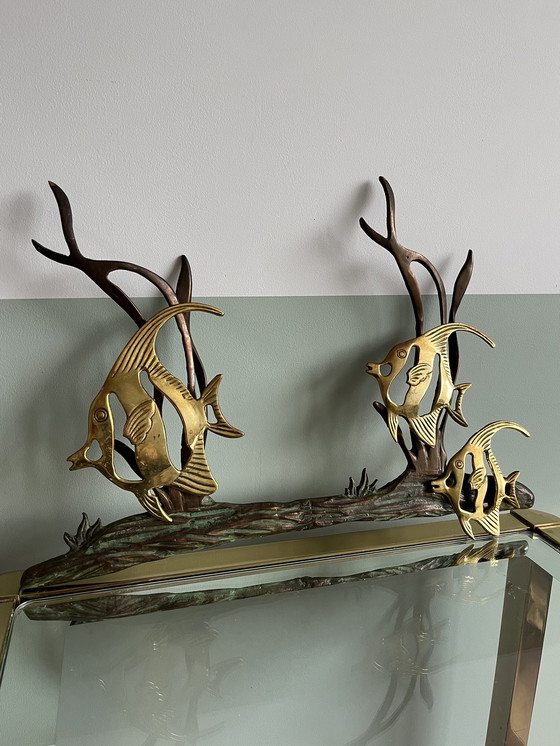 Image 1 of Mid Century Wanddekoration von Fischen Messing Bronze