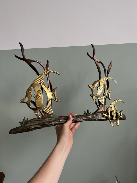 Image 1 of Mid Century Wanddekoration von Fischen Messing Bronze