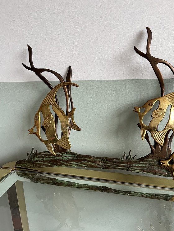 Image 1 of Mid Century Wanddekoration von Fischen Messing Bronze